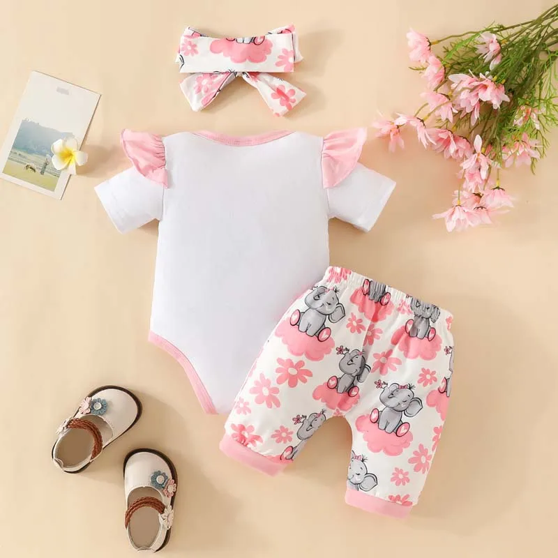 0-18Months Baby Romper Set Girl Clothes Summer Elephant Monogram Print Onesies Elastic-Waisted Shorts with Hairband 3Pcs Outfits