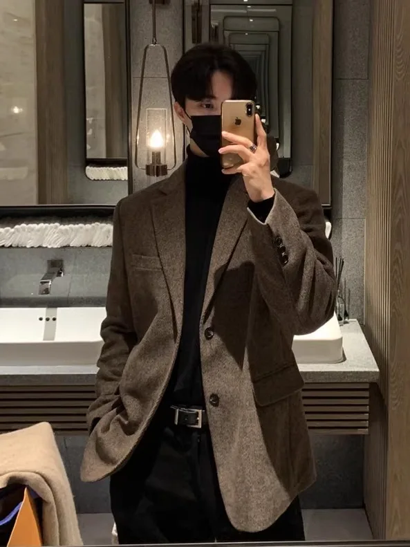 

New 2025 Men's Casual Woolen Suit Jaet Faionable Versatile Old Money Sle Fall Winter High End Feeling Cool Gentleman Look