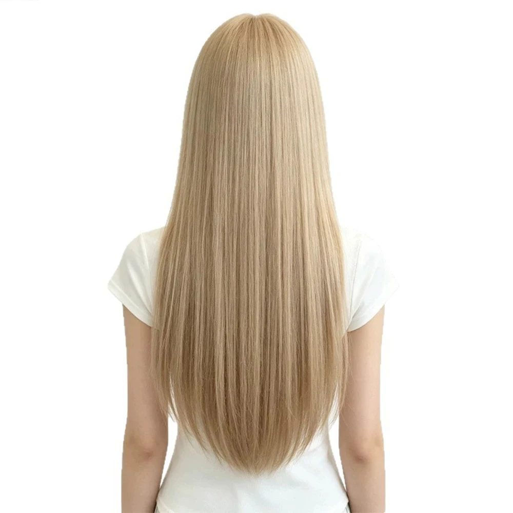 Picture 7: Long Straight Light Gold Wig with Bangs High-Layered Synthetic Wigs for Women's Daily Cosplay Wig Heat Resistant Synthetic Hair