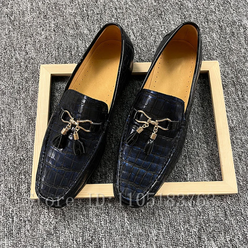 

Luxury Men's Tassel Loafers, Crocodile Pattern Genuine Leather Slip-On Shoes, Fashion Business Casual Footwear for Male