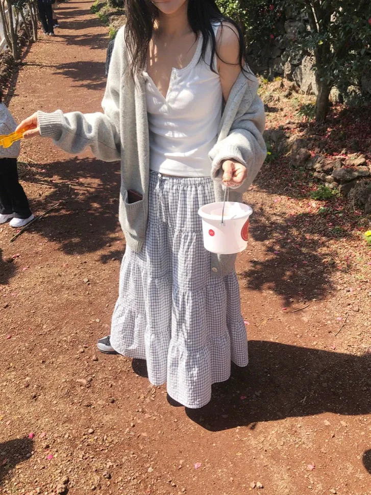 تنورة طويلة منقوشة حلوة للنساء بخصر مطاطي تنورة على شكل حرف a متعددة الطبقات تنورة Dongdaemun Sle الفنية للربيع والصيف #5