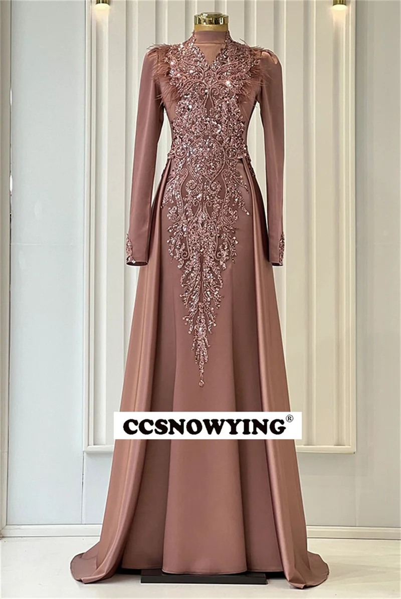 Appliques Feather Long Sleeve Muslim Evening Dresses Satin Hijab Islamic Formal Party Gown Arabic Dubai Women Robes De Soirée