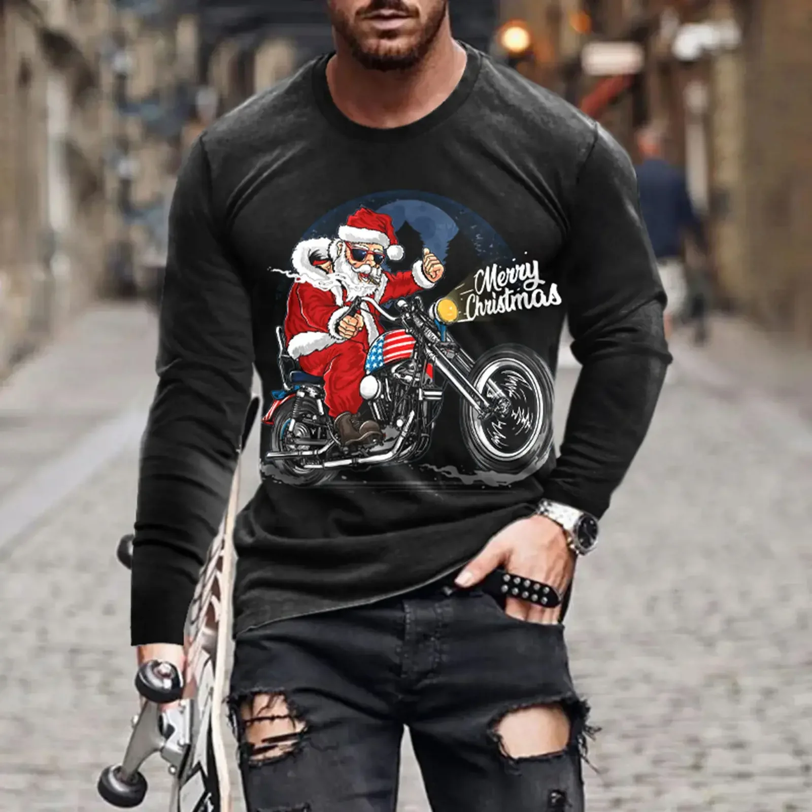 3D Santa Claus Pattern Print T Shirt For Men Fashion Christmas Harajuku Long Sleeve Tees Casual Crew Neck Top Oversized Pullover