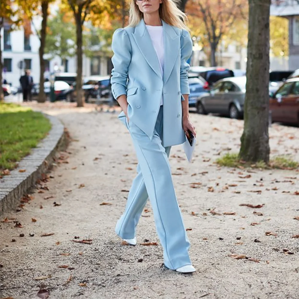 

Sky Blue Peak Lapel Suit Jacket Pants Straight Elegant Outfit for Women Double Breasted High Quality Business Formal Set