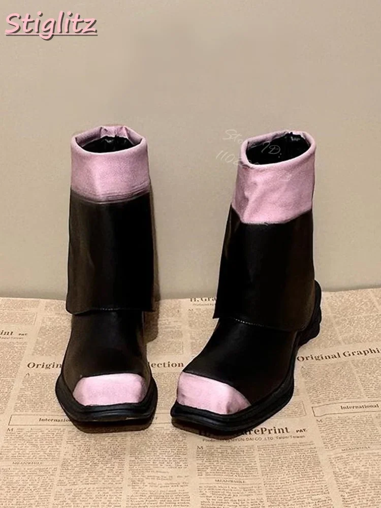 

Retro Square toe Short Boots Patchwork Old Style Platform Ankle Boots 2025 Women New Fashion Punk Shoes Thick Soles Slip-on