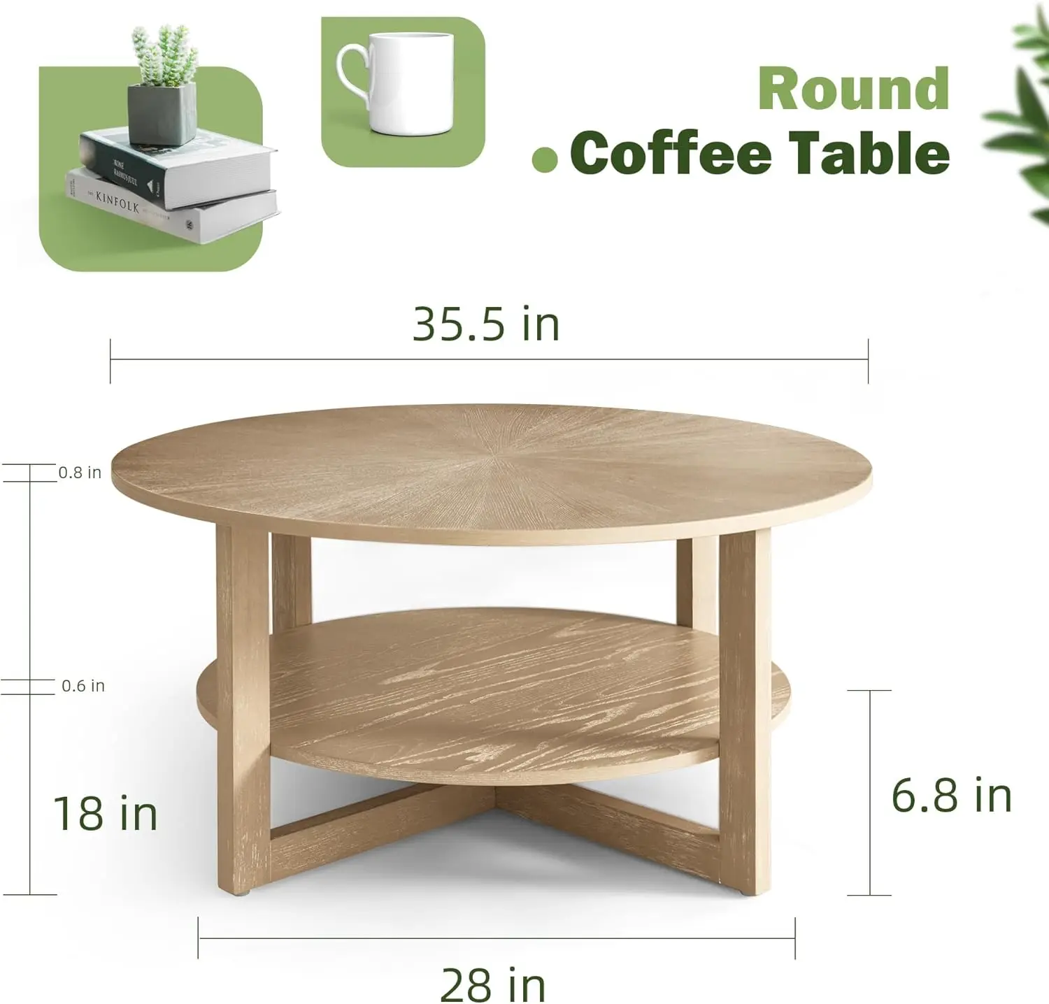 Table basse ronde 35.5x35.5x18 pouces, table en bois massif avec étagère de rangement à 2 niveaux, avec un grand cercle central, pour la salle de séjour