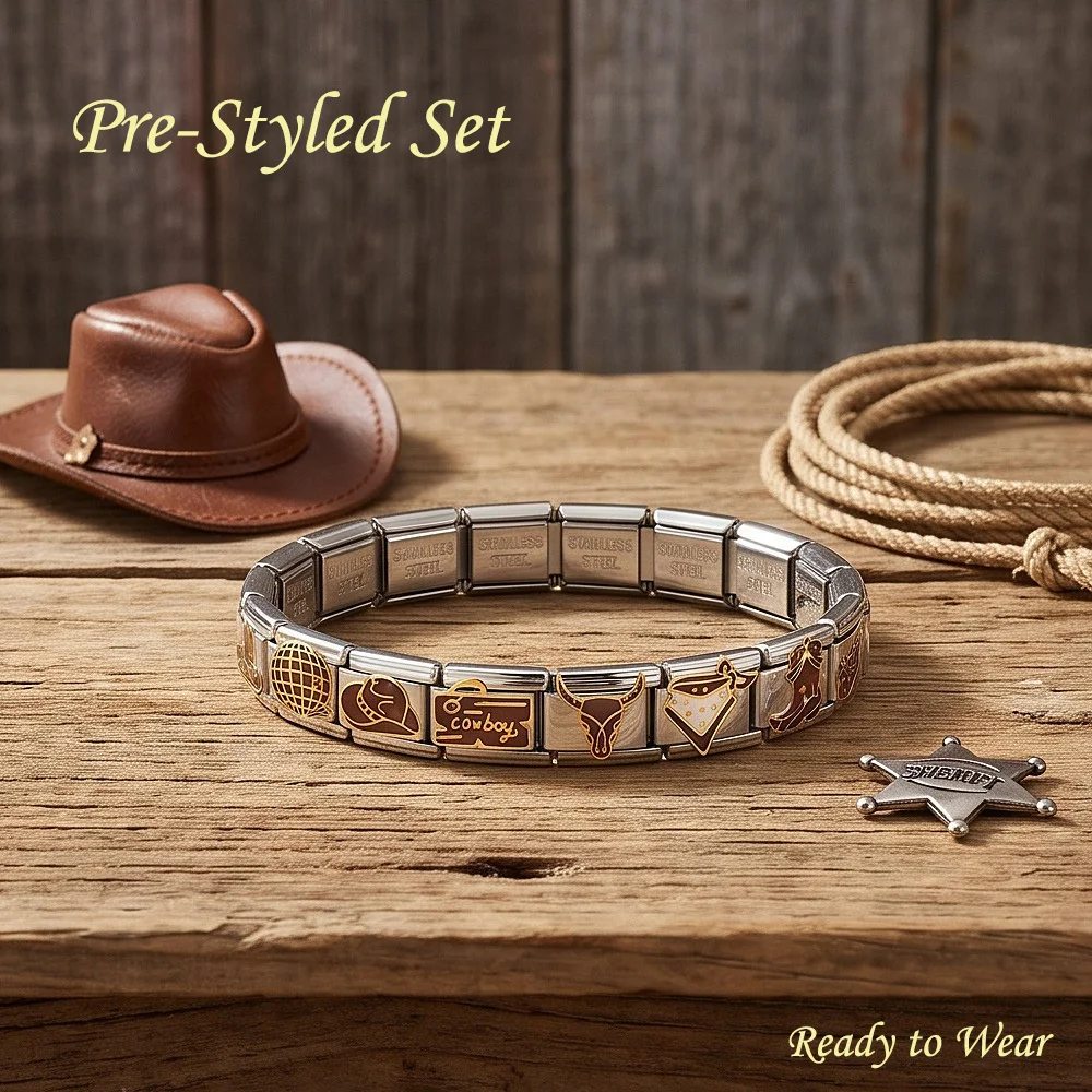 Western Cowboy Pre‑Styled Italian Module Bracelet Stainless Steel Laser Engraved Bull Head Boot Globe Links Fashion Jewelry Gift