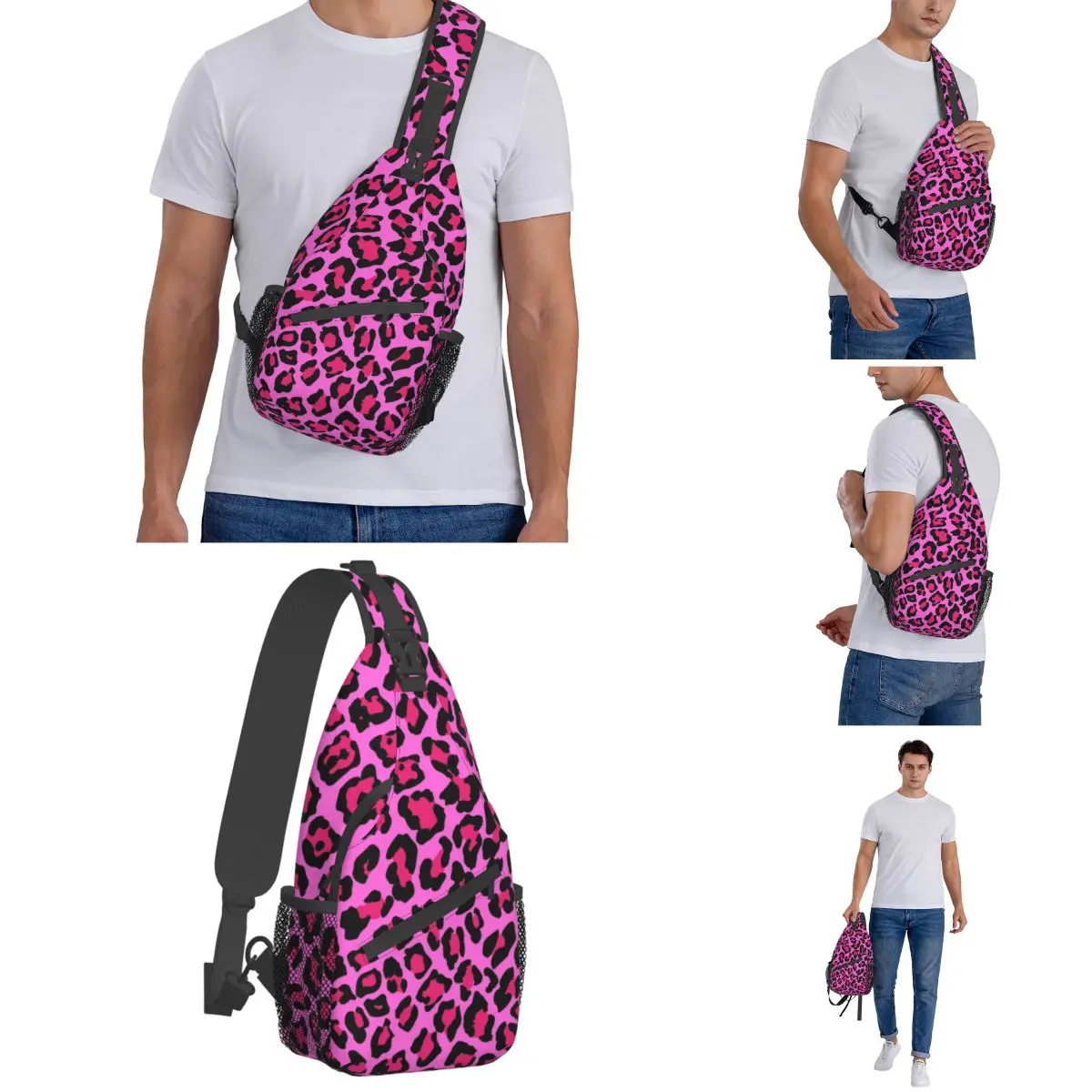 Hot Pink Leopard Crossbody Sling Bag Printed Chest Bag Cheetah Animal Spot Shoulder Backpack Daypack Travel Hiking Biking Pack