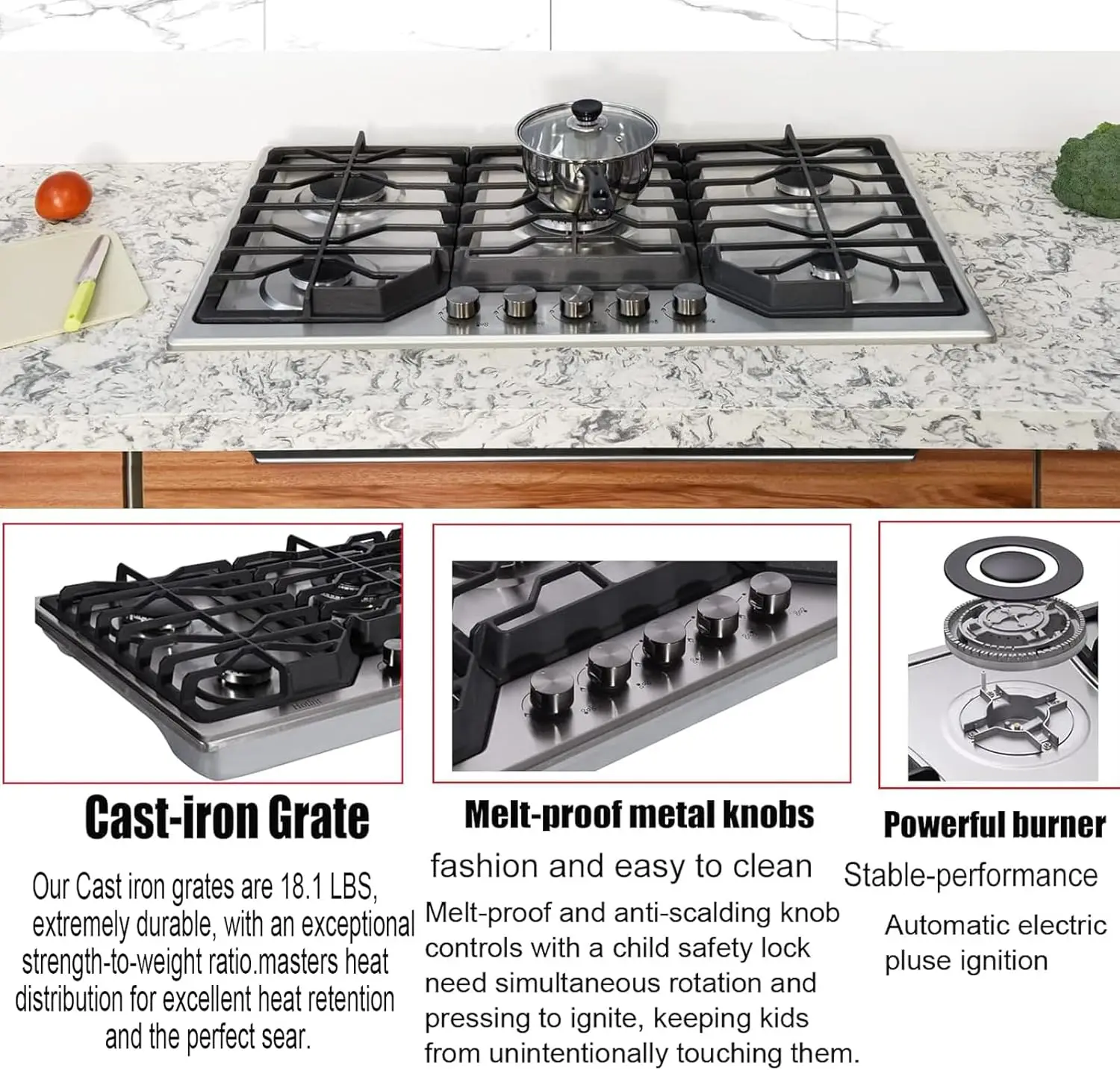 5 Burners 34 inch  Cooktop, 36000  Stainless Steel  Range Top,  Cooker Stove Propane  /Natural  Convertible