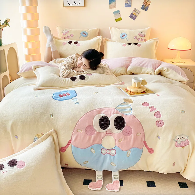 Princess Style Cartoon Quilt Cover, Milk Fleece Cloth, Thickened and Warm, Four-Piece