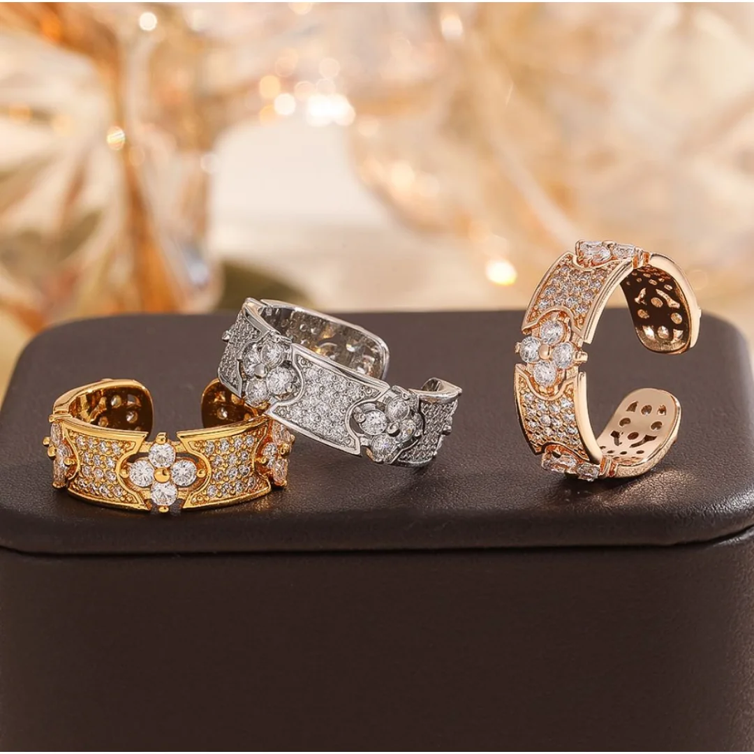 Light Luxury Advanced Style Lucky Four-Leaf Clover Ring Set with Zirconia Full Diamond Paved Open Ring