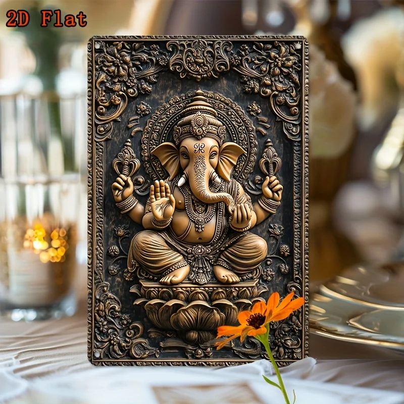 Ganesha Theme Aluminum Wall Art - Classic Style Hindu Deity Decor for Home, Gym, Hindu Home Decor, Festive Gift, 2D Flat