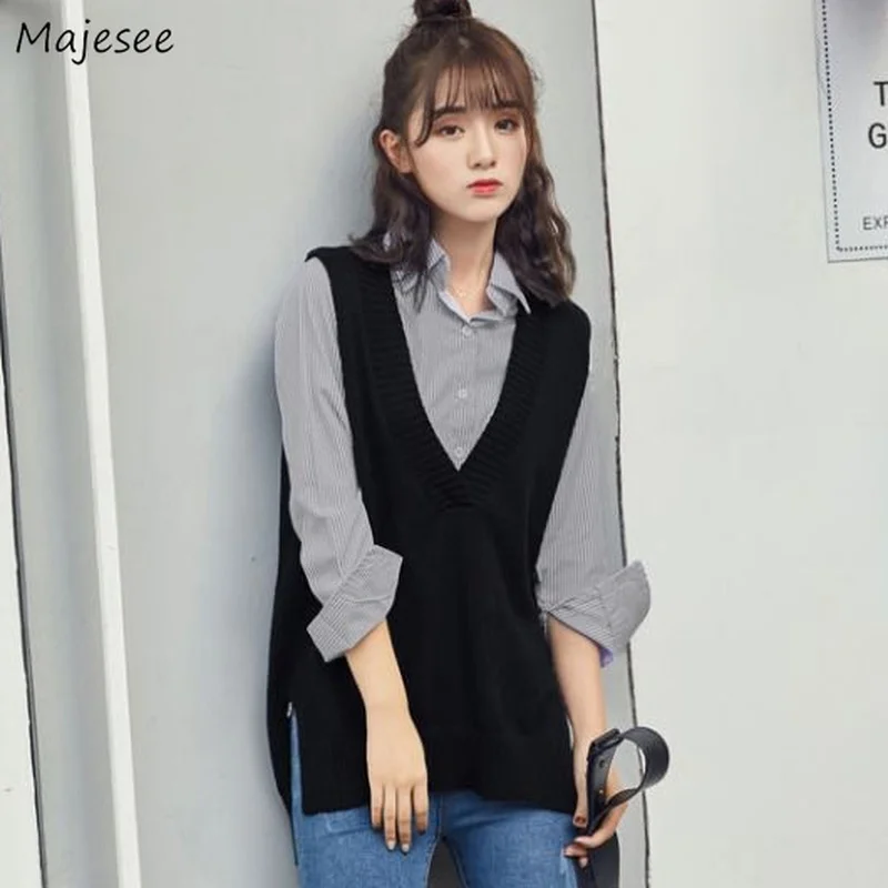 Sweaters Vests Women Popular S-3XL Solid Simple Preppy Style All-match Knitting Tops Split Trendy Leisure Lazy Chic Female New