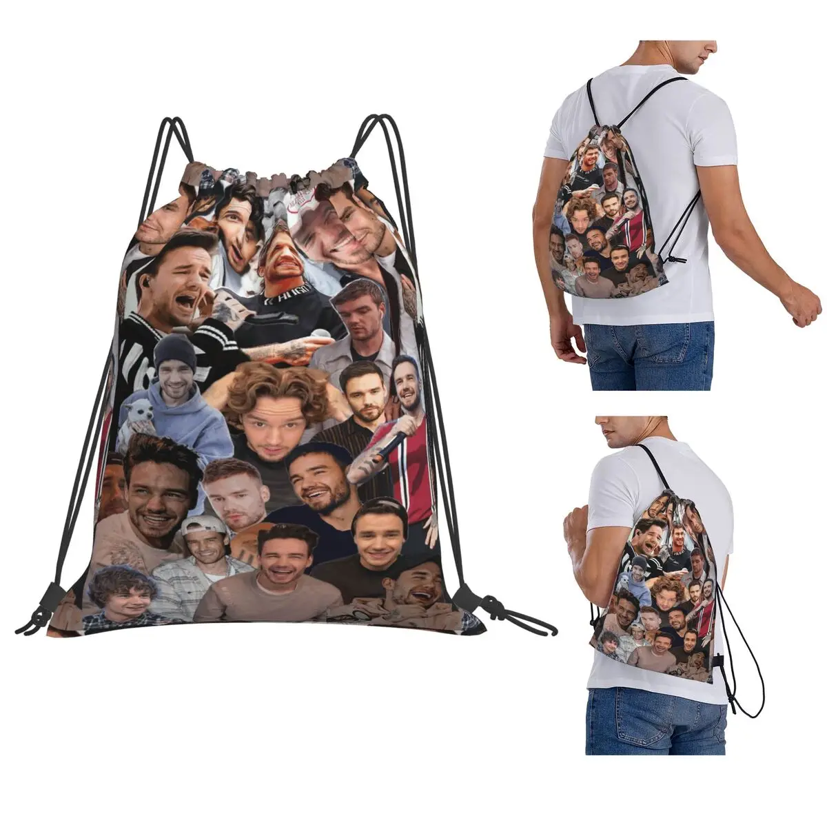 Liam Payne Photo Collage Backpacks Casual Drawstring Bags Sports Bag Book Bags for Travel School