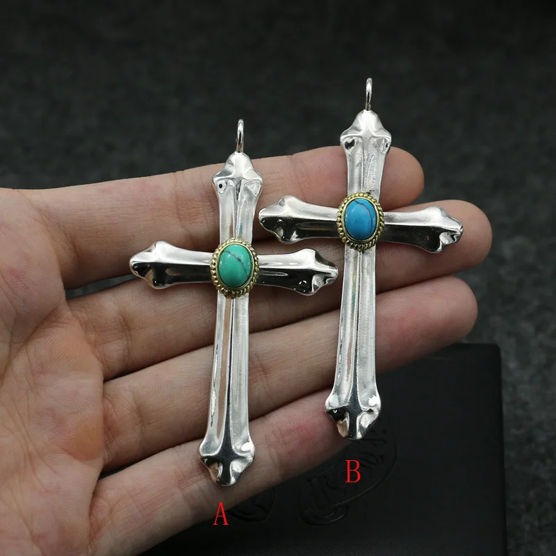 

Japanese Street Trend Simple Sterling Silver Cross Turquoise Pendant Couple Fashion Necklace Net Red Personalized Accessories