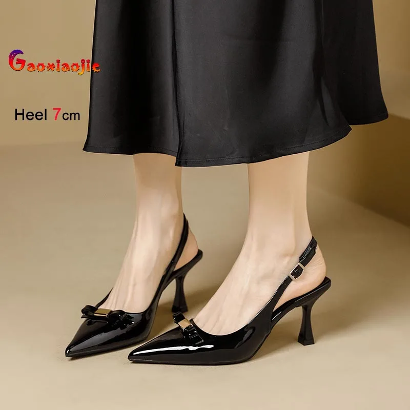 

2026 Spring New Sexy Stiletto Women's Sandals Patent Leather Single Shoes French Style Bowknot Pointed Toe Ladies Heel Sandals