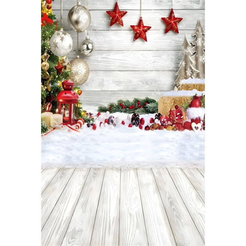 Merry Christmas Backdrop Wooden Floor Fireplace Gifts Winter Snow Xmas Tree Baby Portrait Photography Background Photo Studio