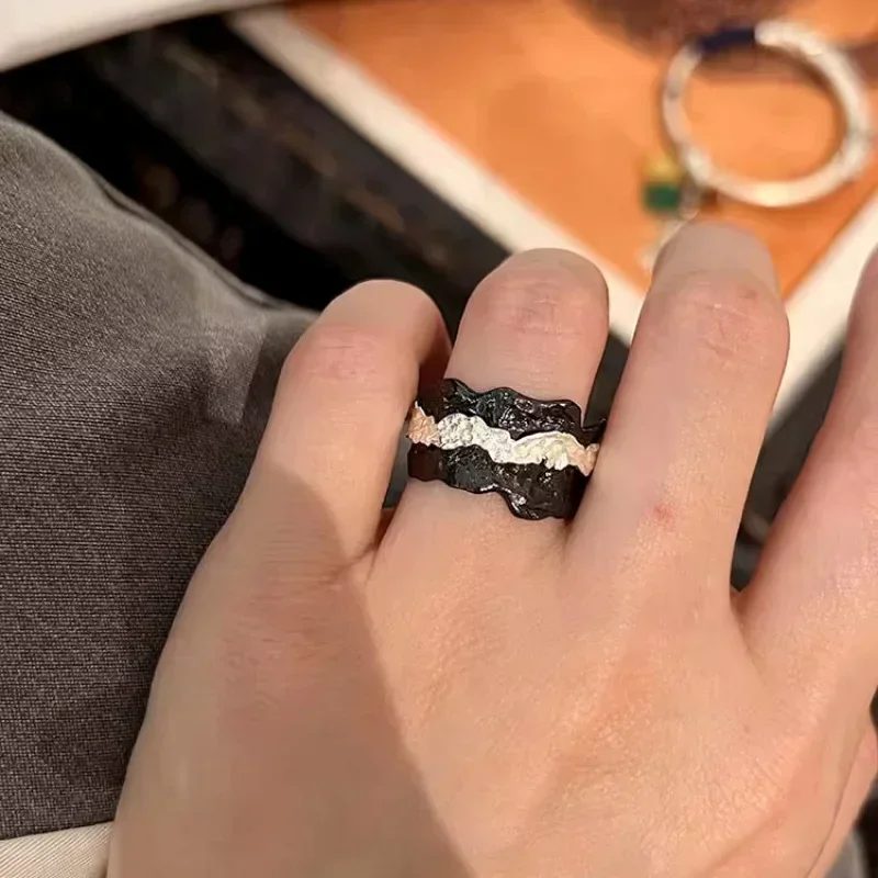 925 Sterling Silver Wide Sided Tin Foil Black Texture Ring for Women Man Fashion Trendy Versatile Punk Jewelry Gift Dropshipping