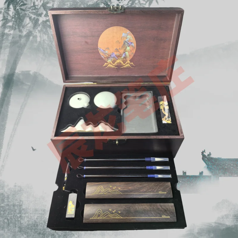 Chinese Calligraphy Gift Set in Wooden Box, Four Treasures of the Study with She Inkstone, Ink Stick, Three Writing Brushes