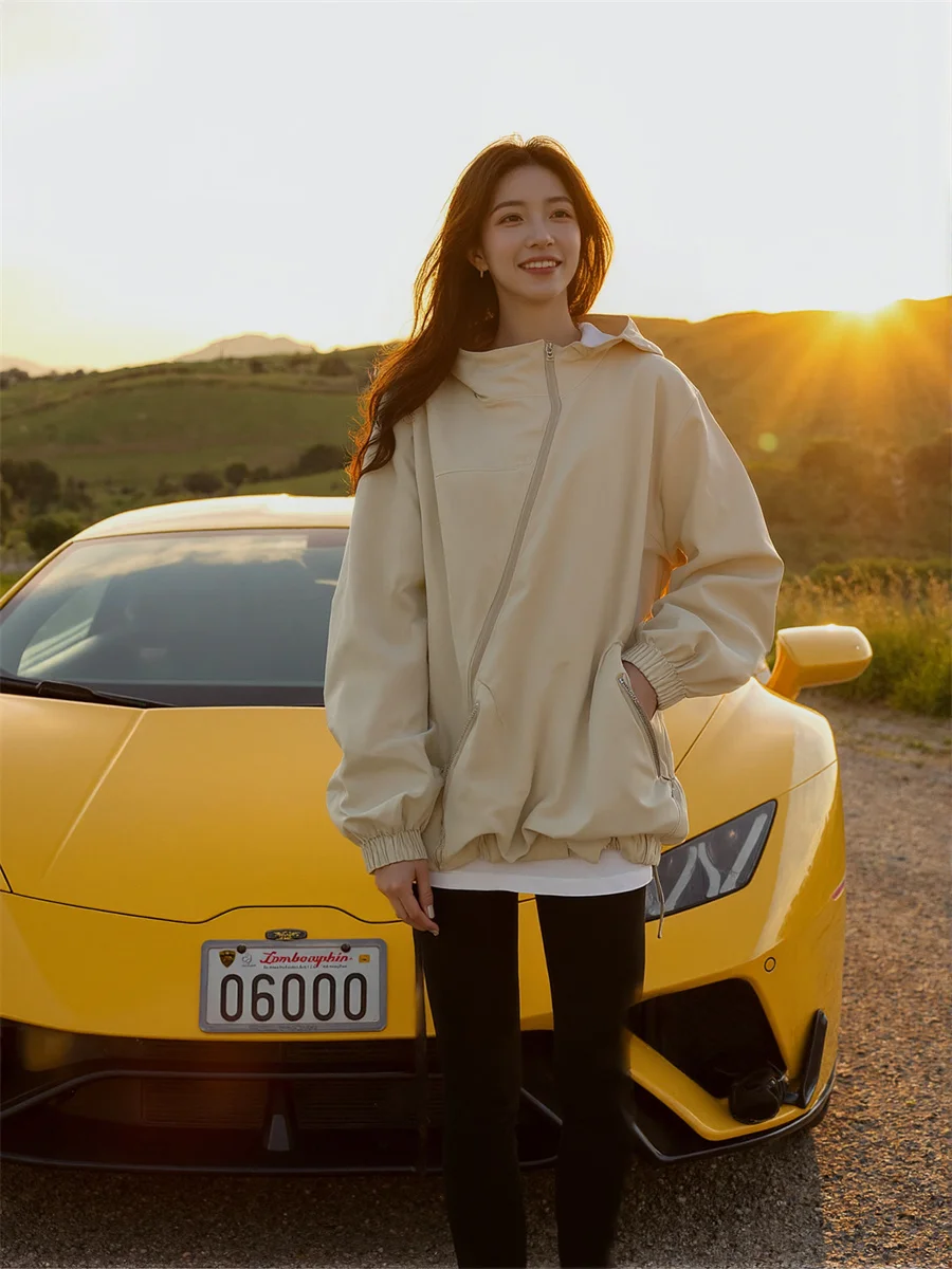 

Свободные куртки на молнии с капюшоном, эстетический топ, женский летний топ с манжетами средней длины, для поездок на работу, светский декор, анти-ультрафиолетовый повседневный Y2K