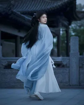 ชุดจีน Hanfu ชุดเดรสผู้หญิงชุดคอสเพลย์ผู้หญิงลายฮาโลวีนชุดเดรส Hanfu ผ้าชีฟองสีฟ้าอ่อนสไตล์วินเทจโบราณขนาดพิเศษ