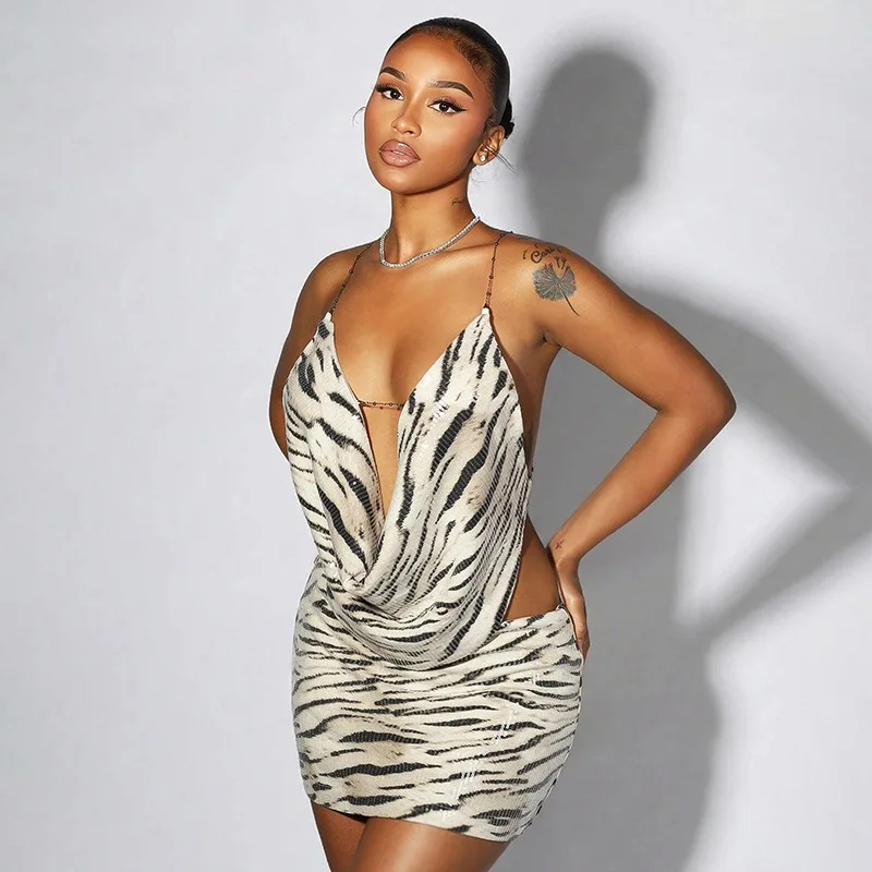 

Women Y2K Zebra Striped Sexy Sequins 2 Piece Set Summer Swing Collar Backless Crop Top Mini Skirt Bodycon Matching Sets Outfit