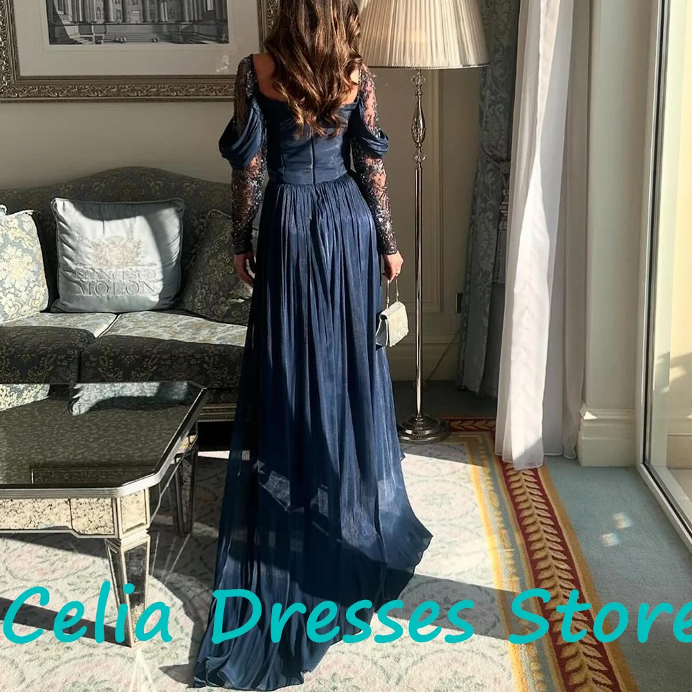 Elegant Party Dresses Woman Square Neck Floor Length Straight Long Sleeves Sweep Train Pleats Crystal Bespoke Occasion Gowns