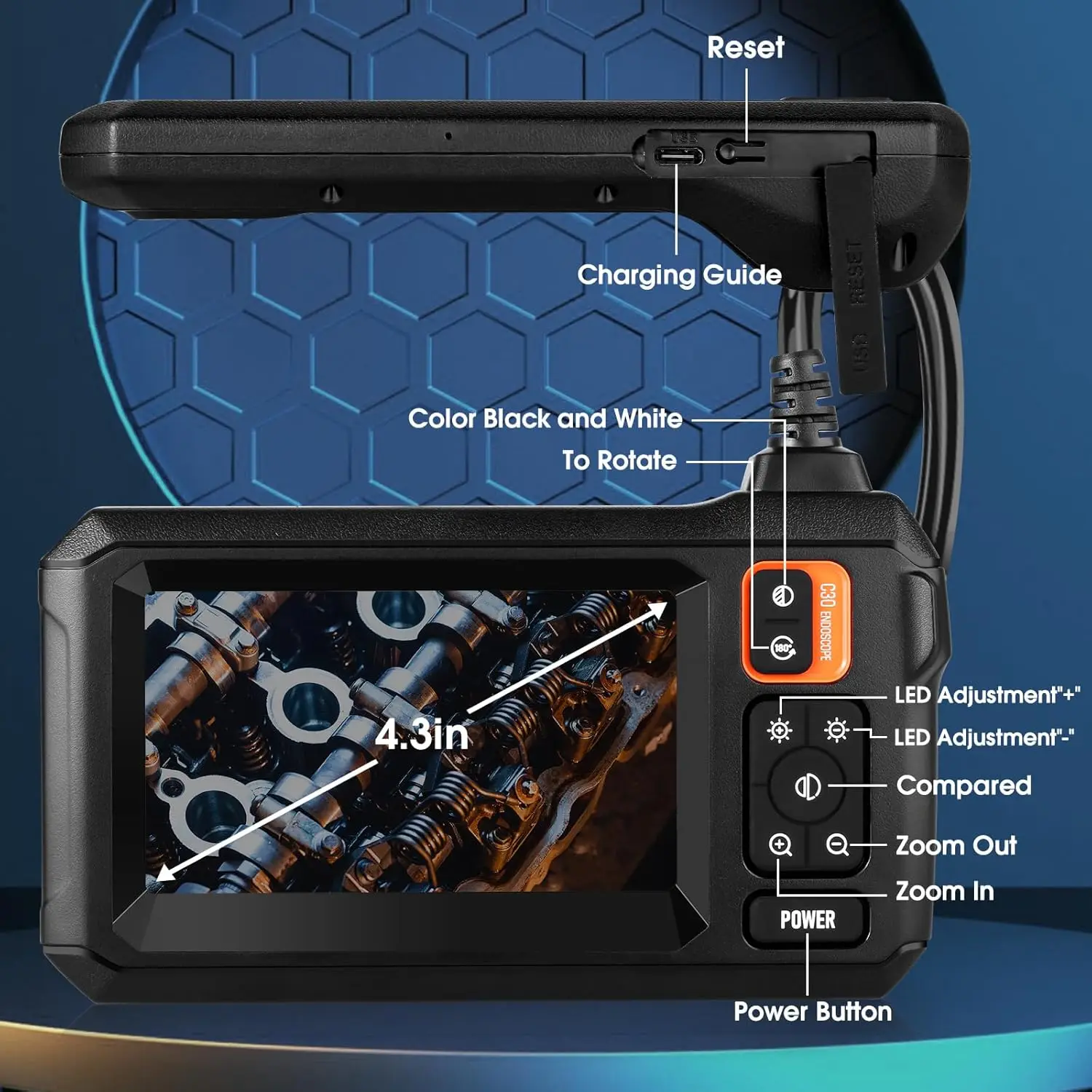 Industrial Endoscope Camera 4.3inch IPS Screen 8mm HD1080P IP67 Waterproof 8 LED Light Inspection Borescope for Pipe Car Repair