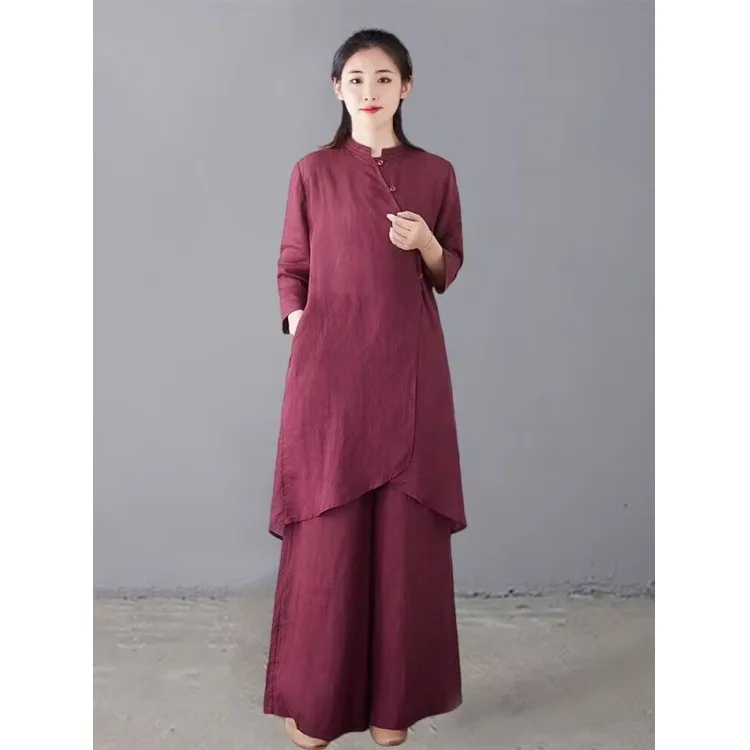 

Chic Pure Cotton Hanfu Set for Women Summer Season Traditional Chinese Linen Two-Piece Suit with Slanted Collar Zen Meditatio...