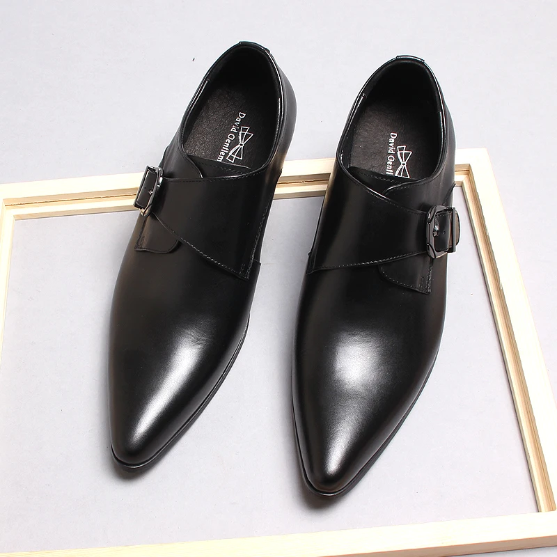 HNXC Italian Mens Pointed Toe Loafers Genuine Calf Leather Dress Shoes Men Original Casual Buckle Wedding Formal Oxford Shoes