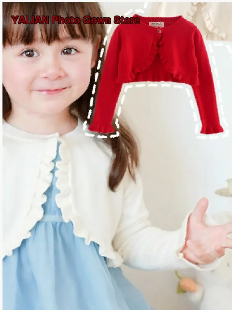 Girls Thin Bowknot Crochet Shawl Short Cape Red Spring Autumn Dress Accessory