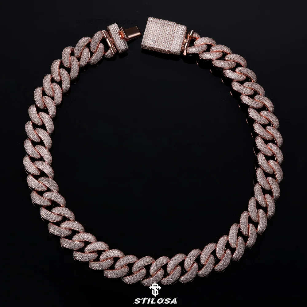 

Hip Hop Jewelry Custom Necklace Iced Out 18mm 925 Silver Rose Gold VVS Moissanite Cuban Chain for Mens Women