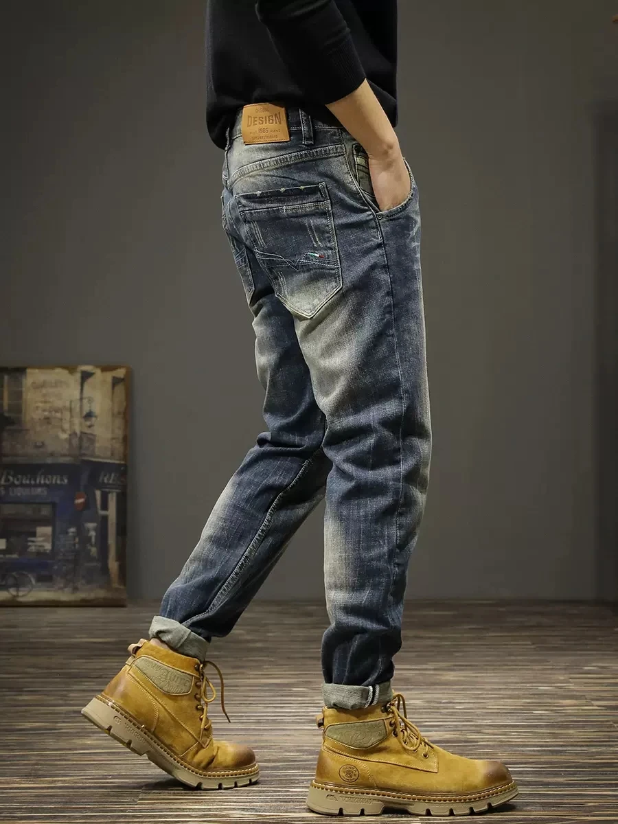 Italian Designer Fashion Men Jeans Retro Blue Stretch Slim Ripped Jeans Men Elastic Trousers Vintage Casual Denim Pants Hombre