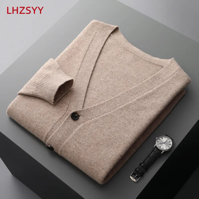 LHZSYY-cárdigan 100% de lana pura para hombre, suéter de cachemira, chaqueta de punto de manga larga, Color sólido, Top de alta calidad, Otoño e