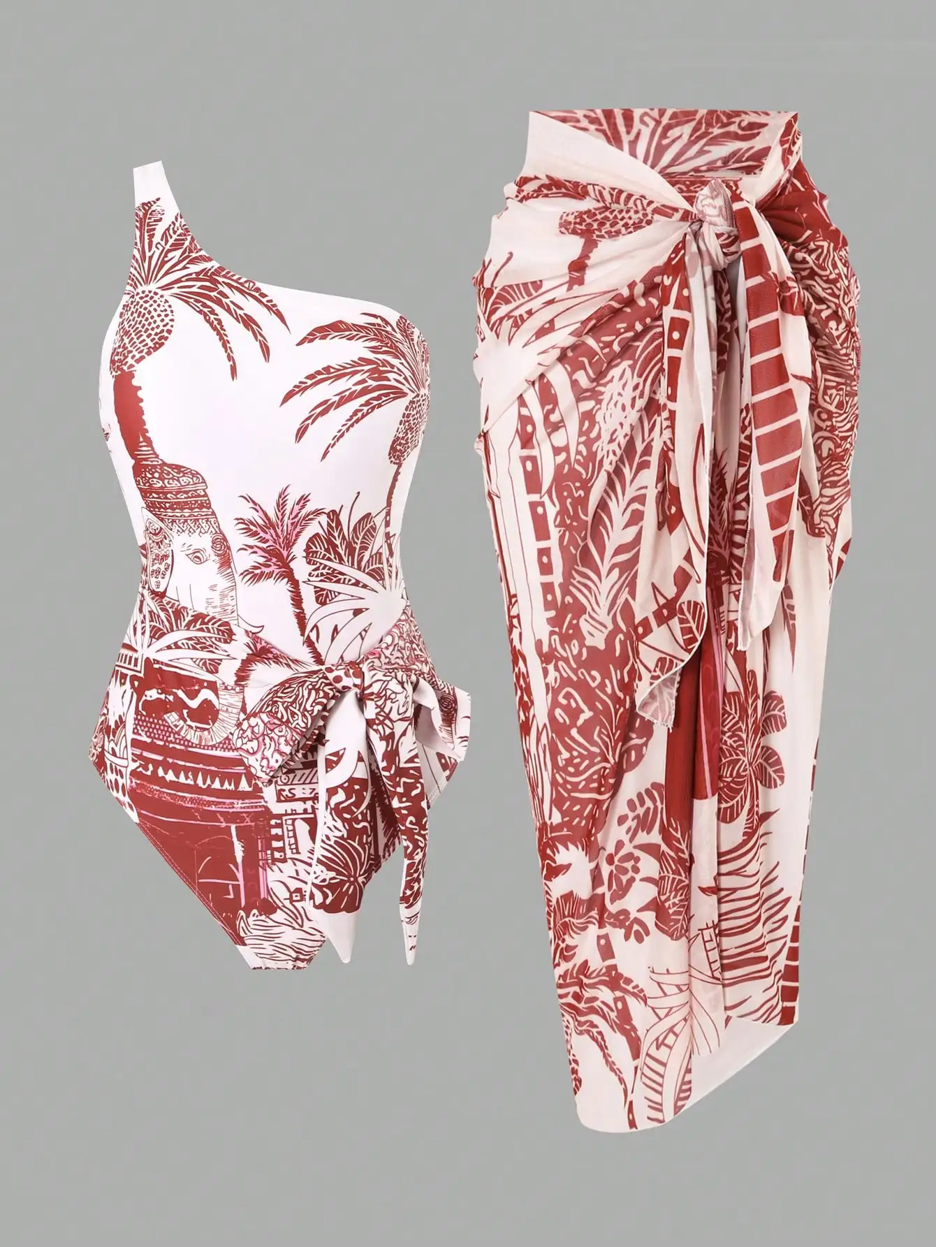 

One Shoulder Tie Waist One Piece Swimsuit With Midi Beach Skirt 2pcs Boho Set