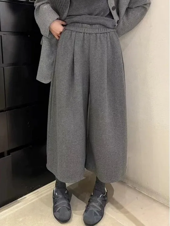 ay الصوفية السراويل واسعة الساق المرأة عالية الخصر مستقيم قطع فضفاضة تناسب عارضة الخريف الشتاء Faion زائد حجم السراويل