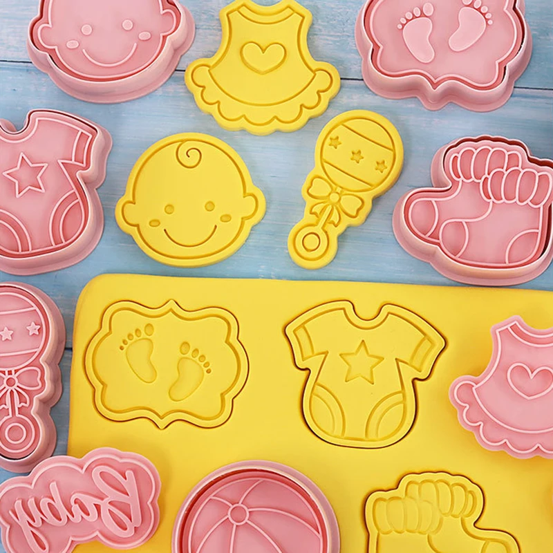 8Pcs/Set DIY Baby Theme Cartoon Cookie Embosser Cutters 3D Baby Shower Rattles Ball Clothes Feet Skirt Socks Biscuit Mould Tools