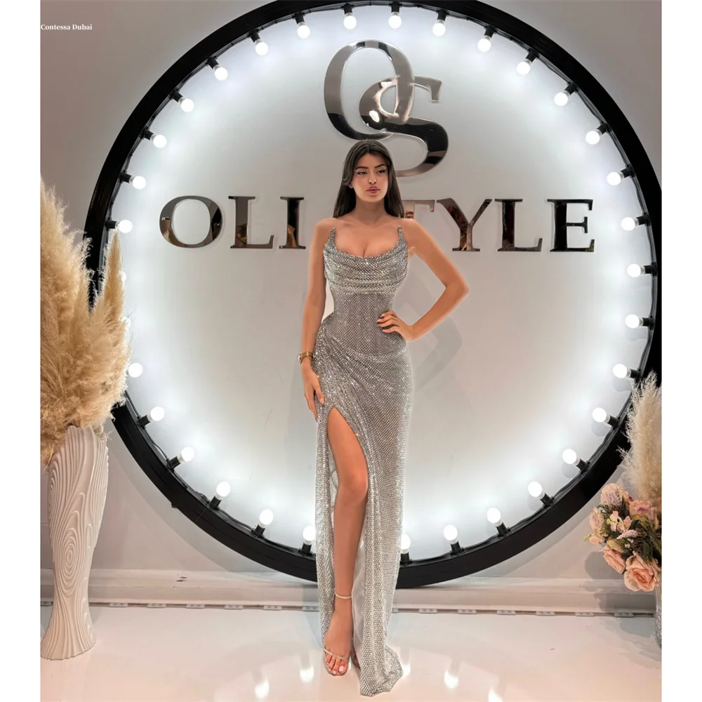 Contessa Dubai Customized Strapless Floor-length Mermaid Prom Dresses Side High Slit Sleevelessفساتين سهرات Glitter Party Dress