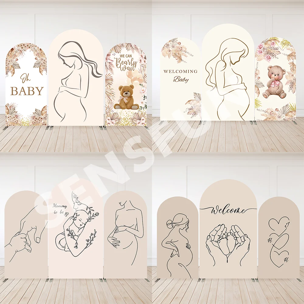 

Boho Baby Shower Arched Backdrops Cover Pampas Grass Bear Newborn Background Pregnant Arched Wall Photobooth Doubleside