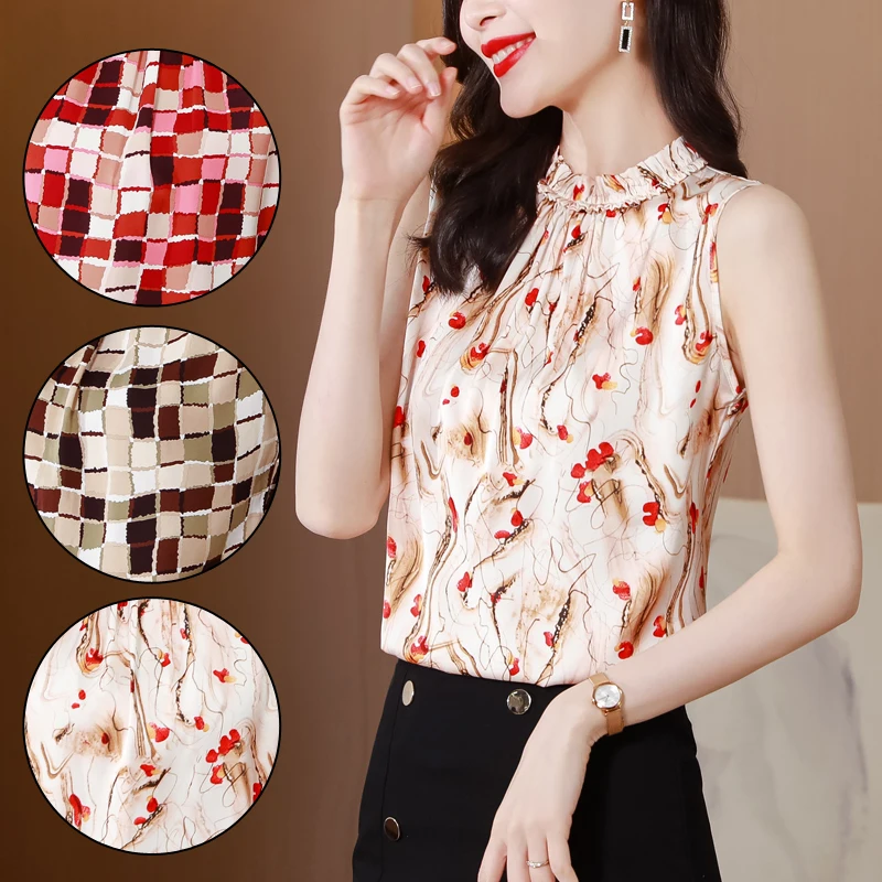 2023 Spring Summer Tops For Women New Fashion Chiffon Blouse Casual Sleeveless Floral Printed Shirt