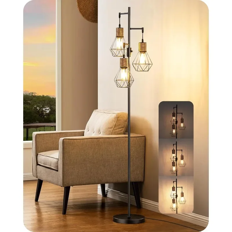 

Dimmable Industrial Floor Lamp, Farmhouse Standing Lamp for Living Room with 3 LED Edison Bulbs, Diamond-Shaped Cage,