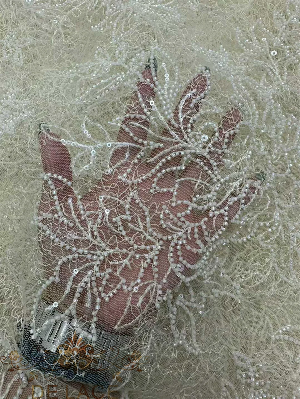 

MY Latest Beaded Champagne Lace High Quality Sequins Fabric Wedding Dress Lace Fabric