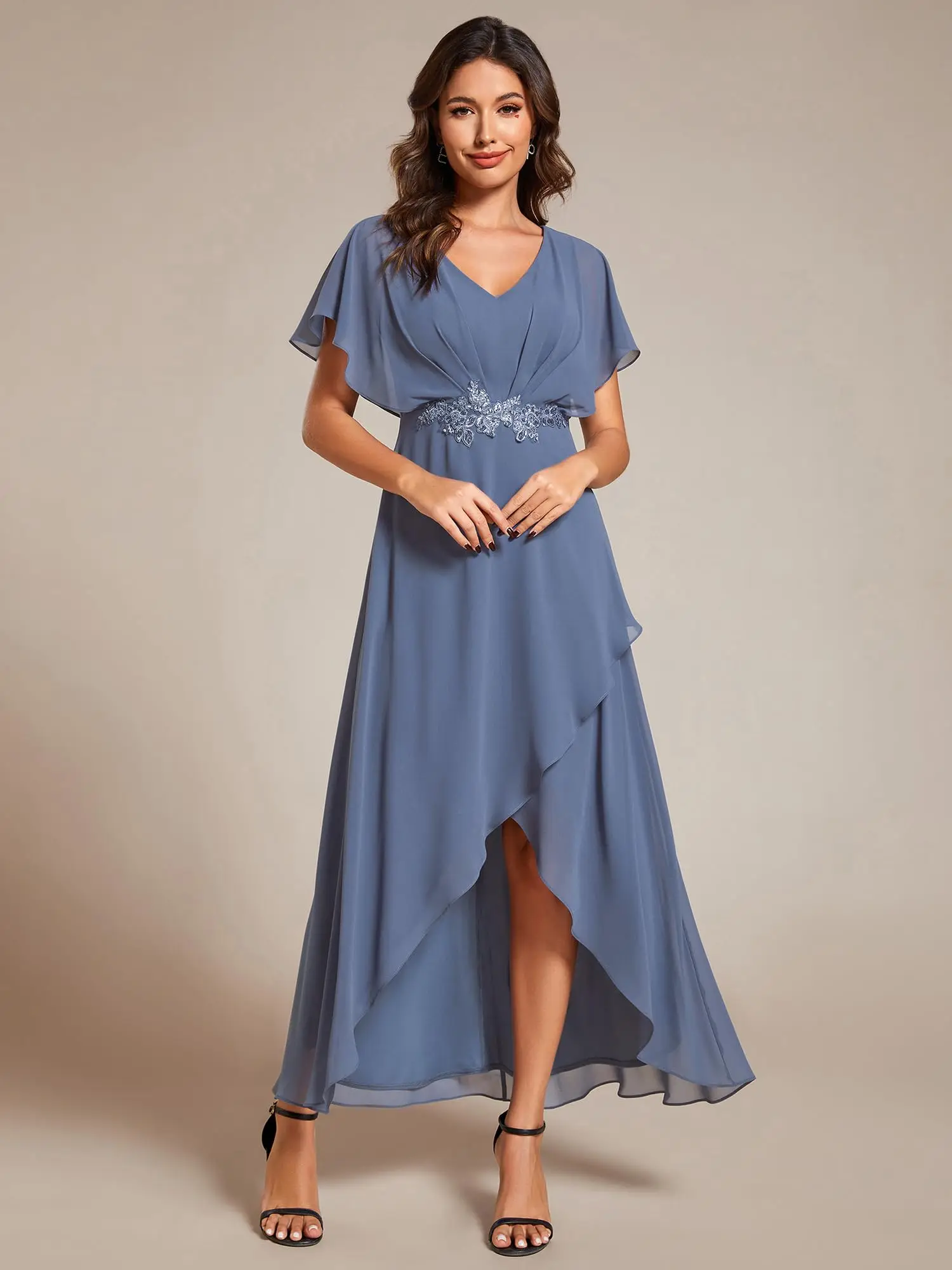 

V Neck Mother of The Bride Dresses with Slit Short Sleeve Chiffon Evening Formal Dress