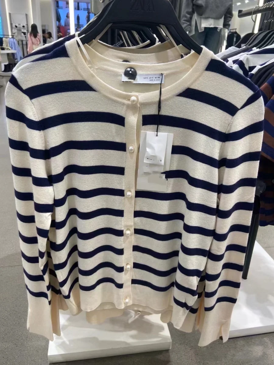 

Basic Pearl Button Striped Knitted Open Cardigan Outerwear Women's Faion Autumn New Arrival Comfortable V-Ne Long Sve