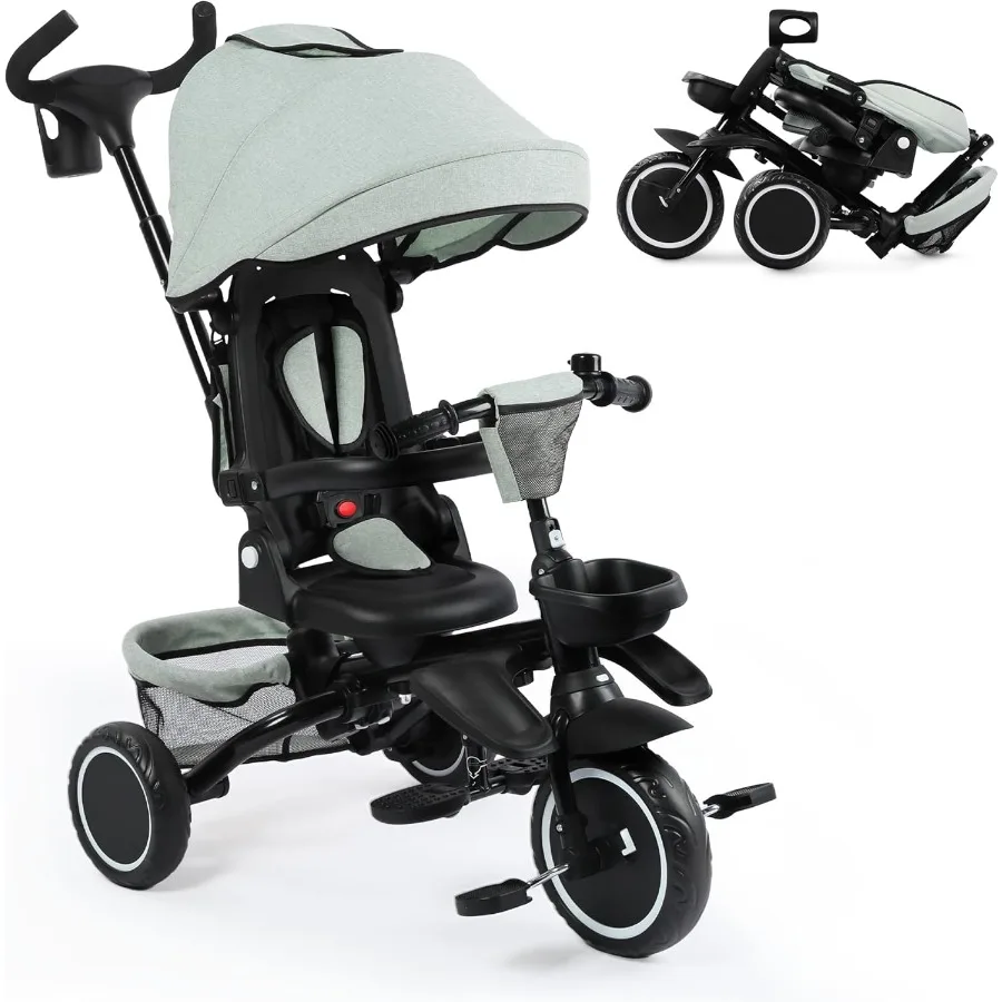 折りたたみ三輪車 8 in 1 ベビー三輪車 取り外し可能で調整可能なキャノピー付き 親用ハンドル 5点式安全ハーネス 幼児用自転車 ストローラー