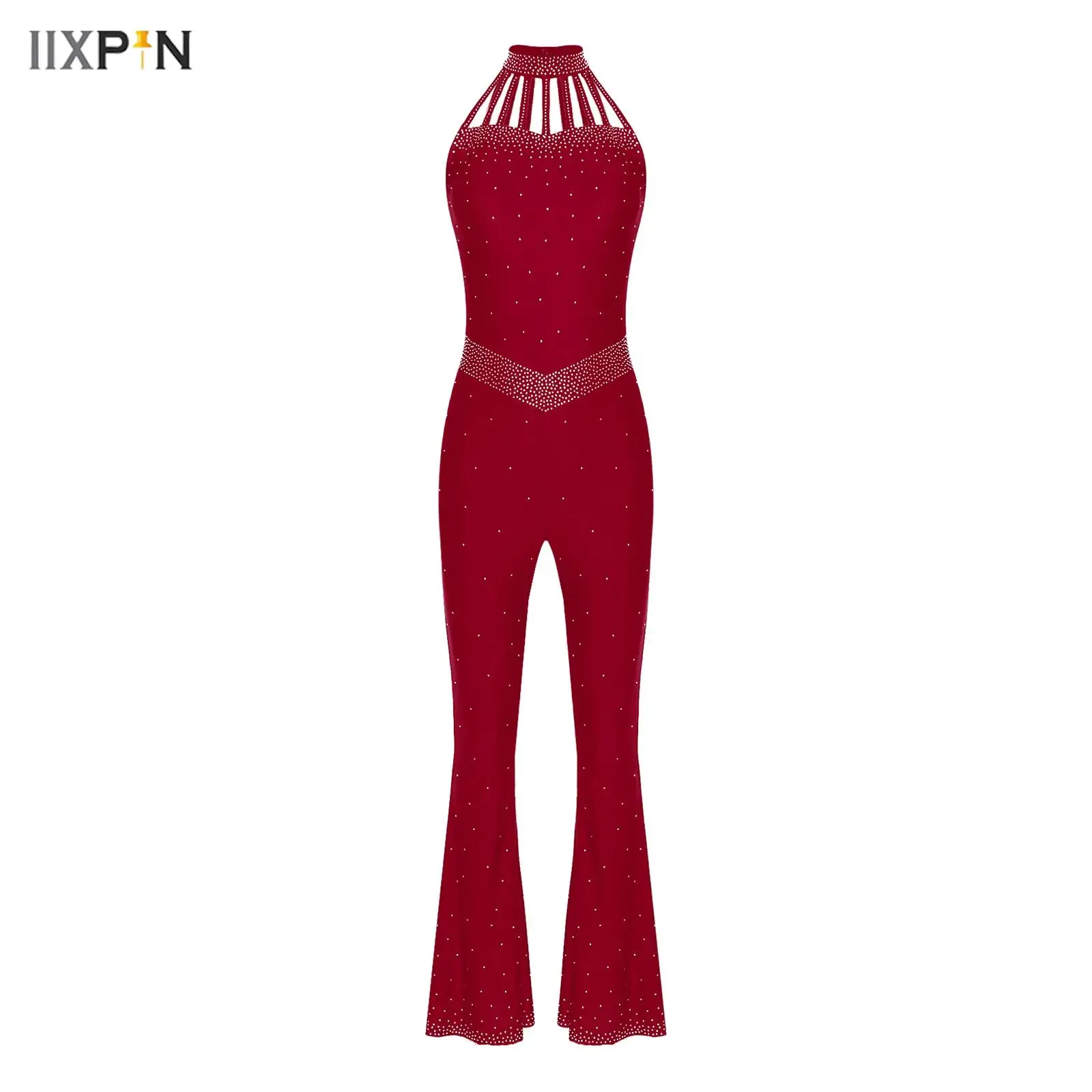 

Women's Figure Skating Gymnastics Jumpsuit Sparkling Rhinestones Halter Neck Sleeveless Bell-Bottom Bodysuit Latin Dance Costume