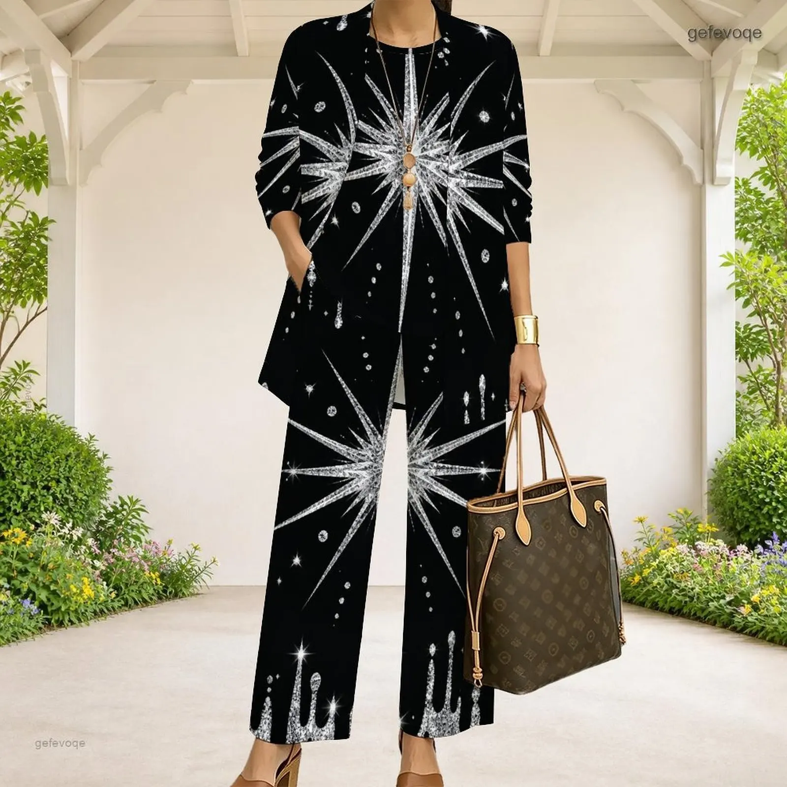 Women Black Dark Green Gold Abstract Swirl Printed 3 Piece Pants Set 3/4 Sleeve Cardigan Tank Top Long Pants - view 3
