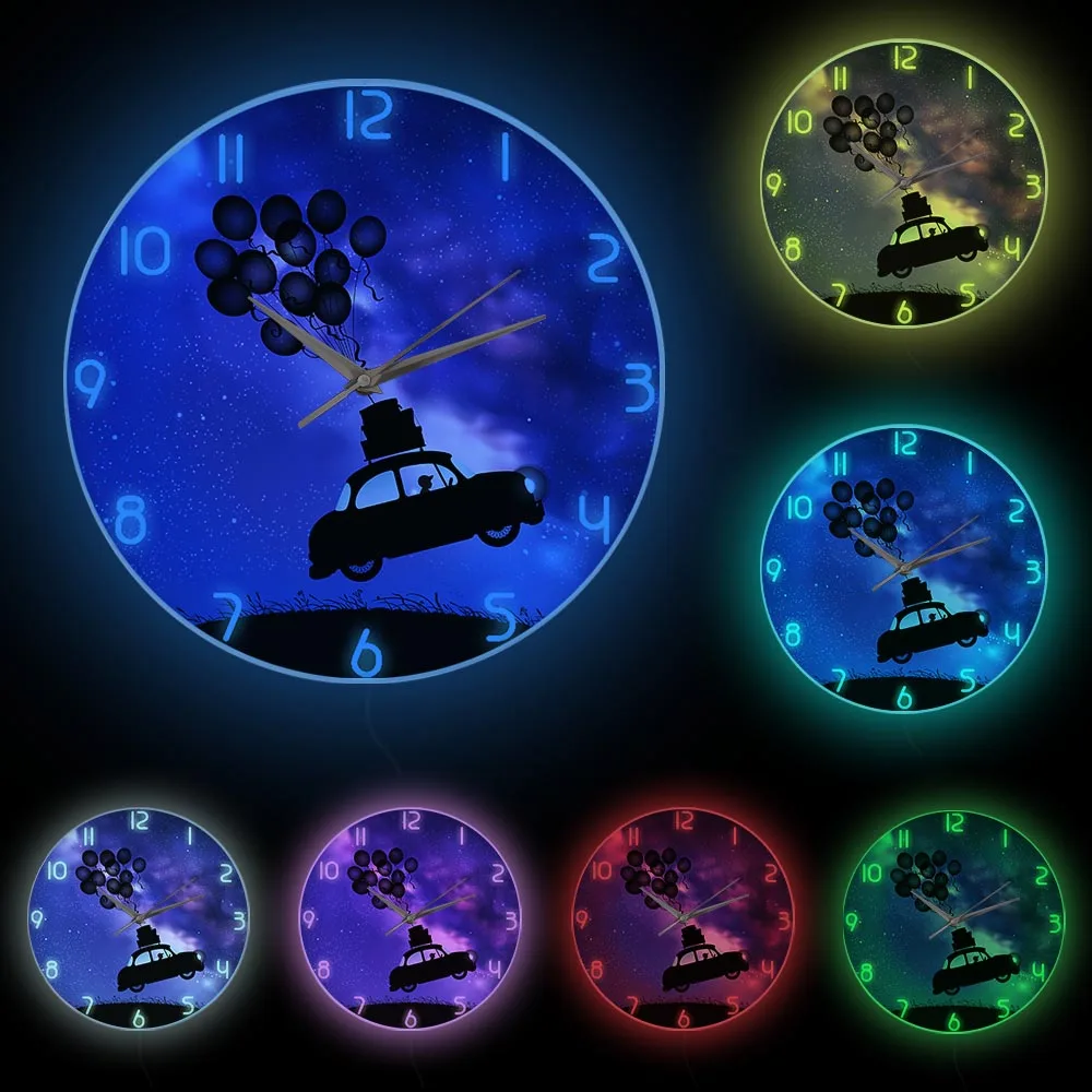 الرجعية سيارة الذباب غير واقعية الوهم ساعة حائط صامتة للأطفال غرفة نوم غرفة المعيشة الطيران في السماء المرصعة بالنجوم ساعة ديكور المنزل سريالية