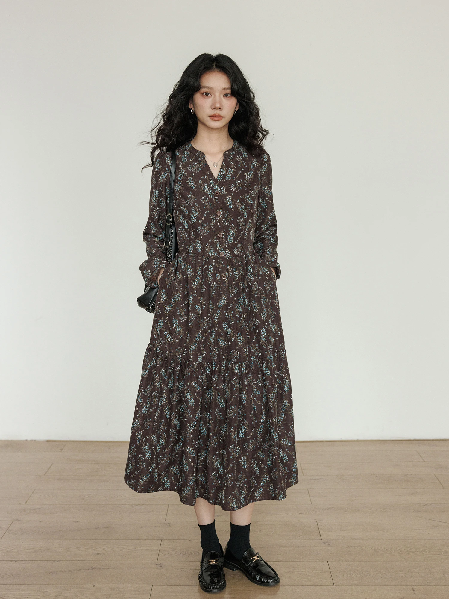 

Spring V-ne Floral Waist-cinching Women's irt Dr Elastic Waist Long A-line Skirt Polyester Fiber Casual Sle Ci Com...