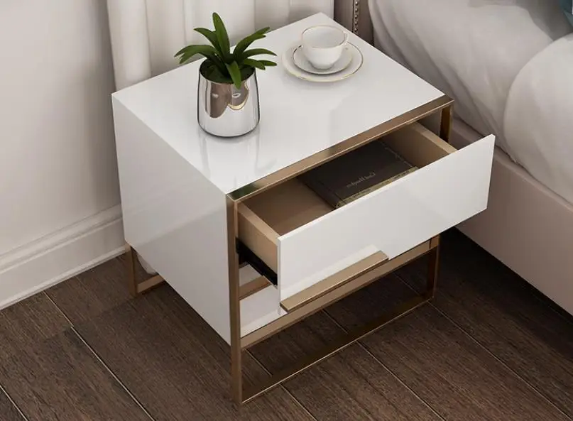 Modern minimalist black white light paint stainless steel gold-plated bedroom storage bedside table